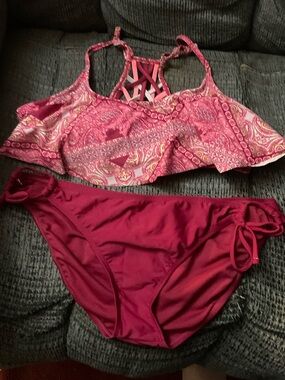 Womens Arizona Pink Paisley Flounce Bikini Set - Women's Swim Top & Bottom